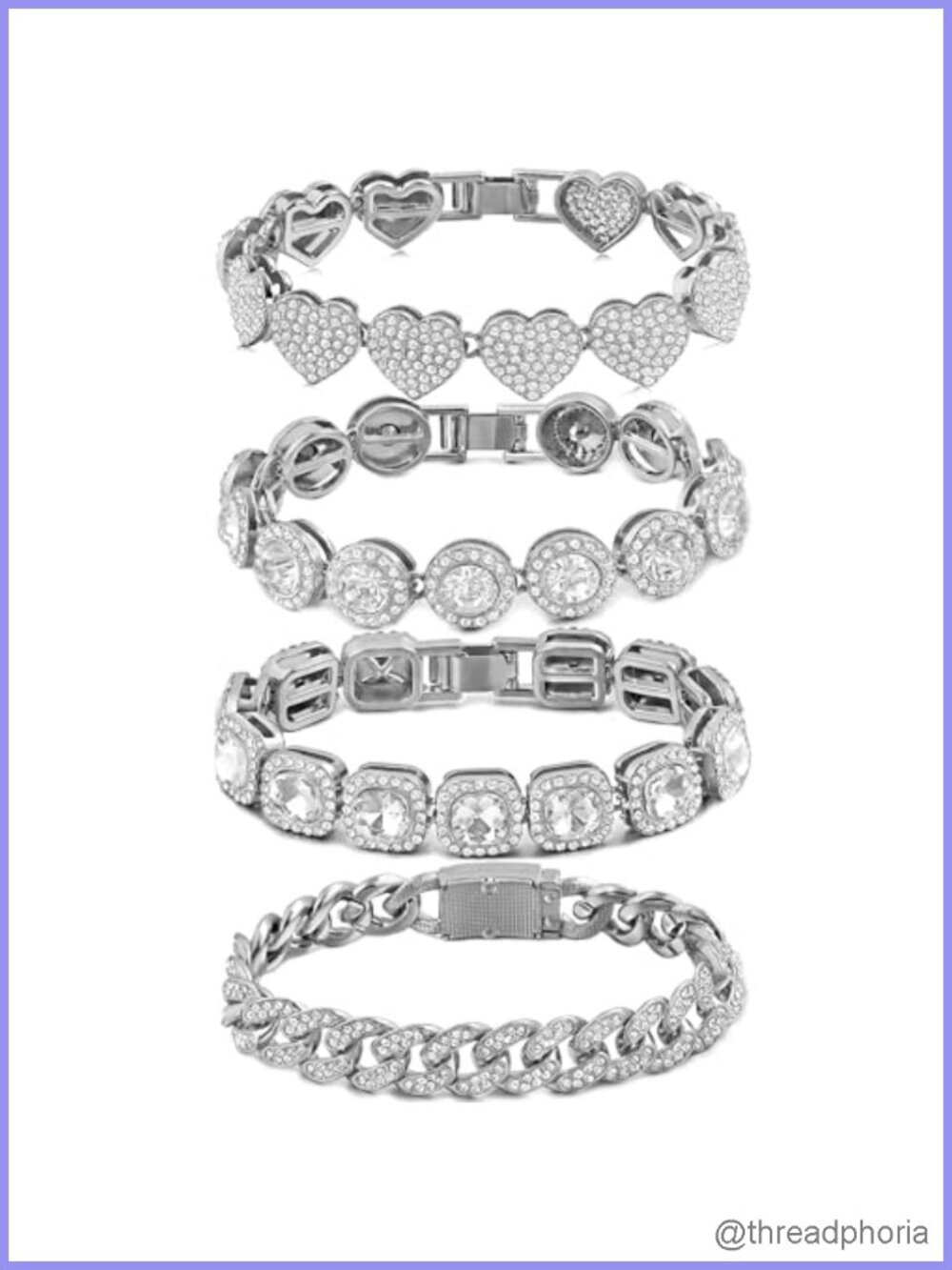 4PCS Gold Bracelets for Women Silver Clustered Tennis Heart Round Diamond Cuban
